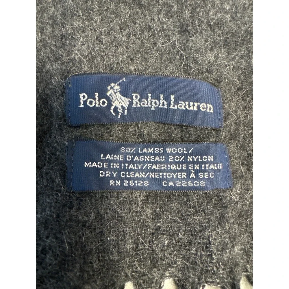 Polo Ralph Lauren Scarf Mens OS Black Gray Lambswool Reversible Made in Italy